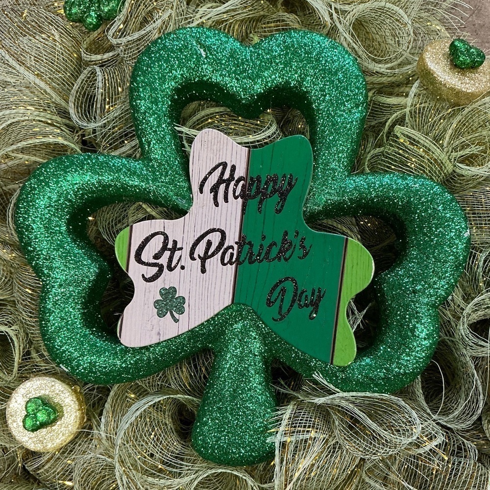 Saint Patricks Day Irish Clover Hand Made Holiday Decor Green Gold Ribbon 20 In - Picture 2 of 14